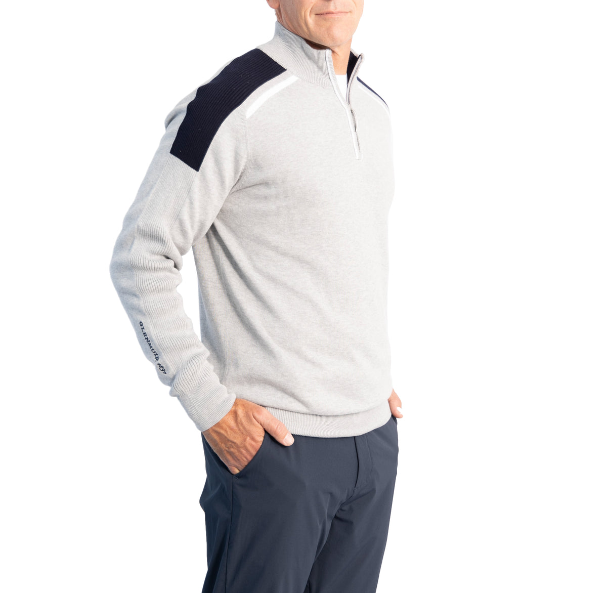 Glenmuir Selkirk Quarter Zip Ribbed Sleeve Cotton Golf Pullover - Light Grey Marl